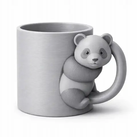 Cute panda-shaped handle on a gray ceramic mug for 3D printing.