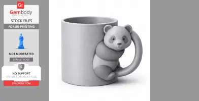 A 3D-printed mug with a panda design, where the handle forms the panda's arm hugging the mug.