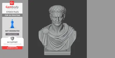 3D model of a historical warrior bust with laurel wreath, draped robe, on a pedestal for printing.
