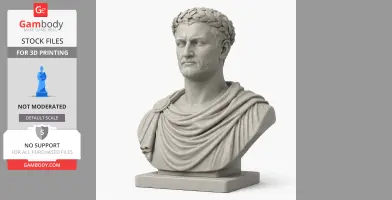 A 3D printed bust of a historical warrior with a laurel wreath and draped clothing on a pedestal.