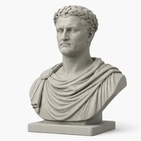 Bust of a historical warrior with a laurel crown and draped clothing on a square base.