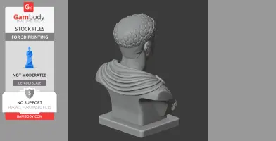 3D printable bust of a historical warrior with textured hair and draped clothing on a base.