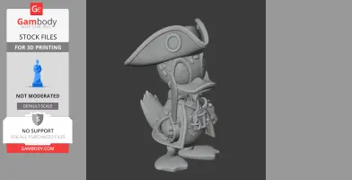 Cartoon duck in pirate attire with a hat and sword, ready for 3D printing.
