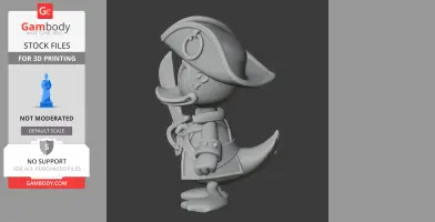 A 3D model of a duck character dressed as a pirate, holding a sword, with a tricorn hat and coat.
