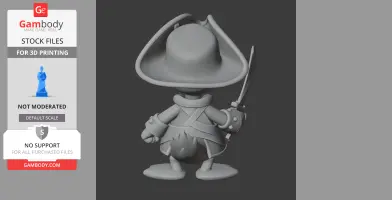 A 3D model of a cartoon duck dressed as a pirate, with a large hat and a sword.
