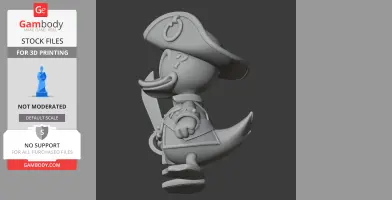 A cartoon duck figure dressed as a pirate, holding a sword, wearing a tricorn hat.