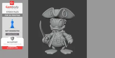 Cartoon duck in pirate attire holding a sword, with a tricorn hat and detailed outfit.
