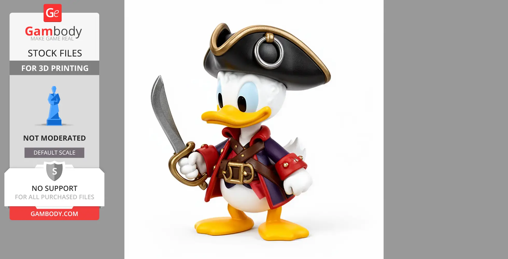 Cartoon duck dressed as a pirate, holding a sword, wearing a black hat and red coat.