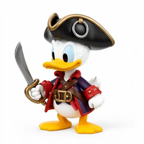 A cartoon duck dressed as a pirate with a sword, wearing a tricorn hat and a red coat.