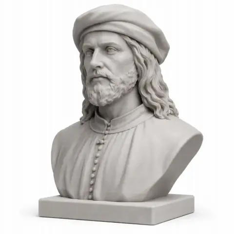 Bust of a bearded man wearing a historical hat and clothing, detailed for 3D printing.