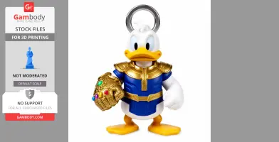 Donald Duck in Thanos attire with golden armor and gauntlet, keyring loop on head.
