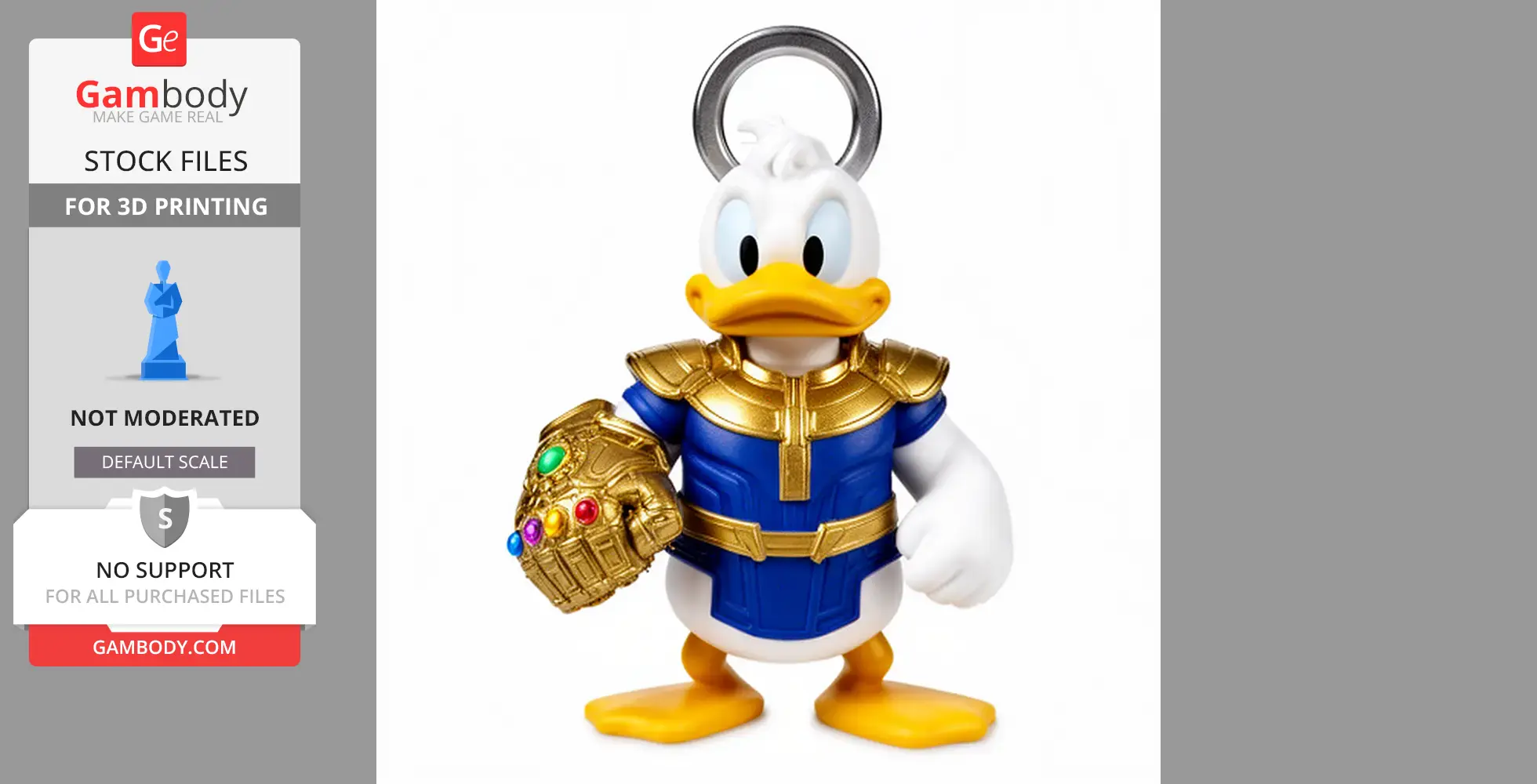 Donald Duck in Thanos attire with golden armor and gauntlet, keyring loop on head.