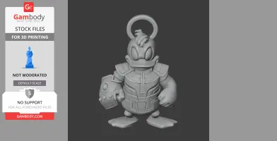 Donald Duck in Thanos armor, holding Infinity Gauntlet with a ring on top, 3D printed figure.