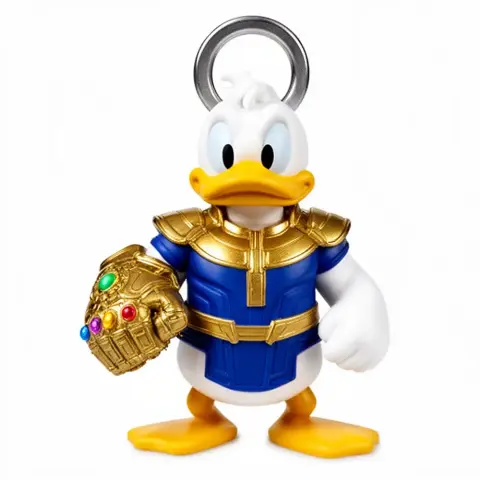 Mashup figure of a duck in armor with a jeweled gauntlet and a ring on its head.