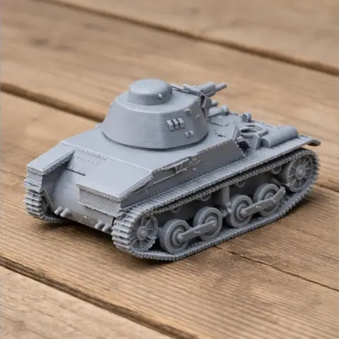 Gray 3D printed model of an AMC 34 tank with detailed treads and turret on a wooden surface.
