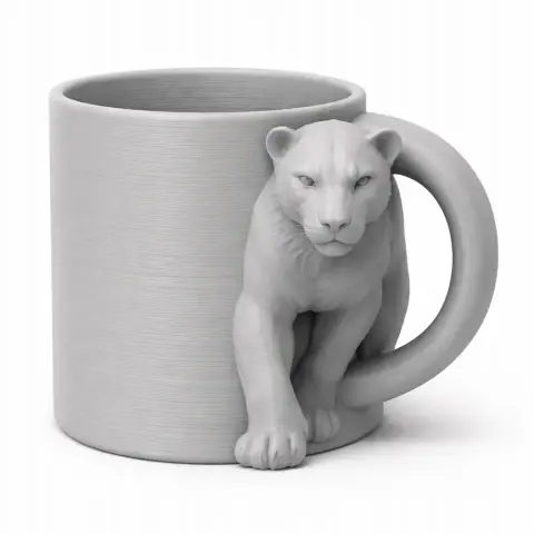 A 3D-printed mug with a panther design integrated around the handle.