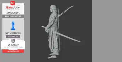 A detailed 3D model of a warrior holding a sword and bow, designed for 3D printing.