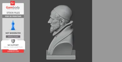 Profile of a historical warrior bust in a cap with a ruffled collar on a base, side view.