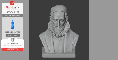 3D printable bust of a bearded historical figure with a ruffled collar and cap, ideal for decoration.