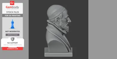 3D model of a historical warrior bust with detailed beard and clothing, designed for 3D printing.