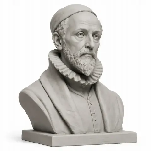 3D model of a historical bust with ruffled collar and hat, resembling an ancient warrior or noble figure.