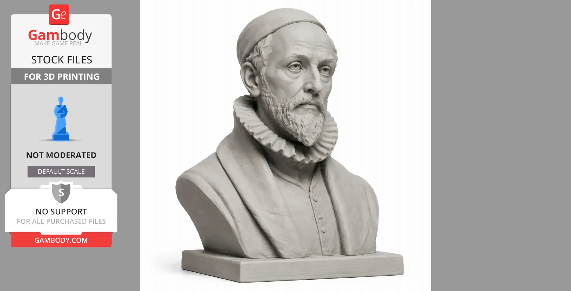 Bust of a bearded historical figure with a ruffled collar and cap, designed for 3D printing.