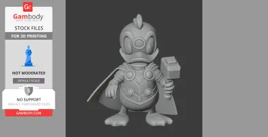 A figure of a duck in a Thor-inspired costume, holding a hammer and wearing a cape, ready for 3D printing.