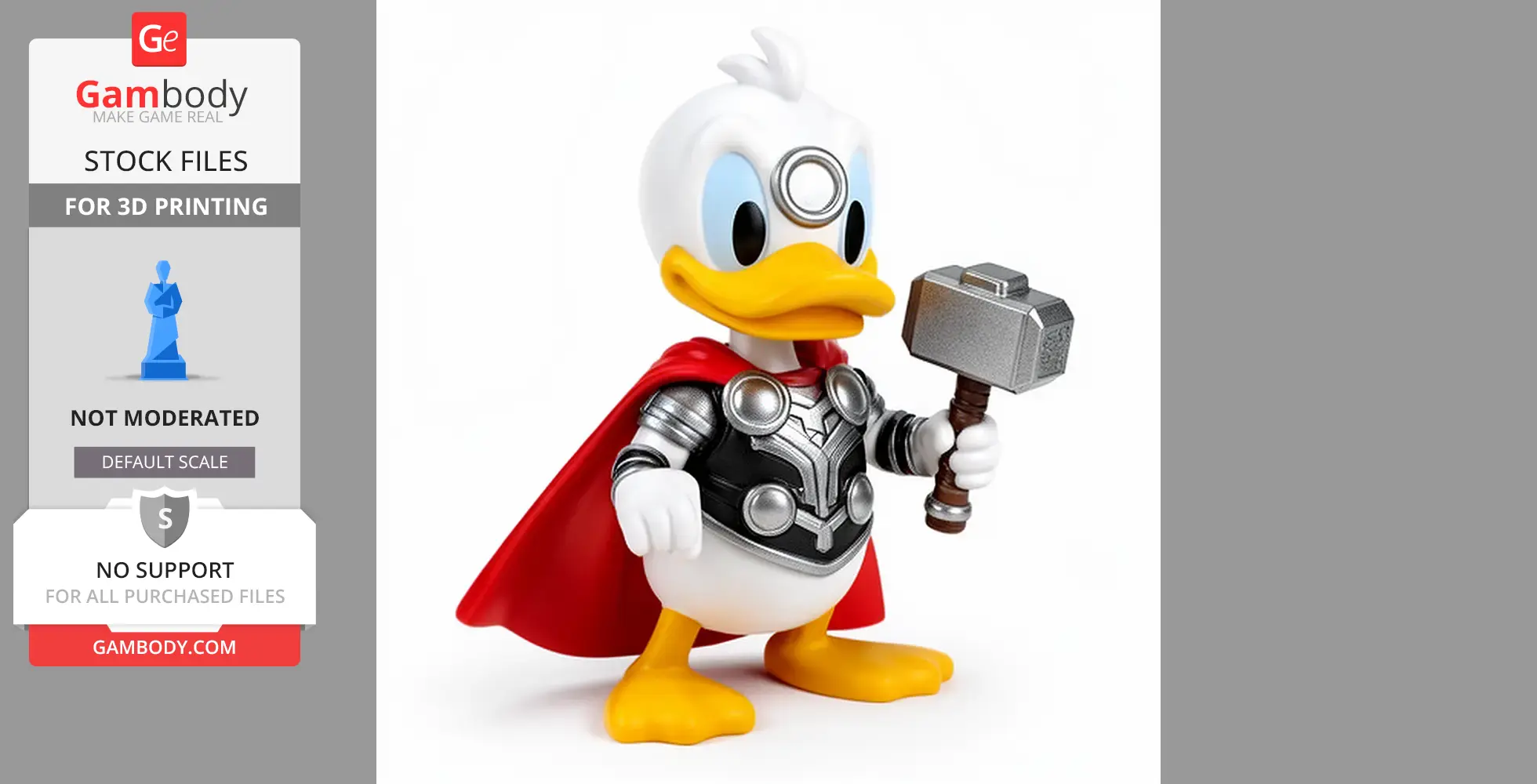 Mashup figure of a duck dressed as a superhero holding a hammer, with a red cape and armor.