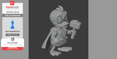 A cartoon duck figure wearing Thor's armor, holding a hammer, with a cape flowing behind.