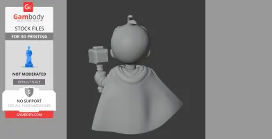 Duck figure with a cape holding a hammer, resembling a superhero, viewed from the back.