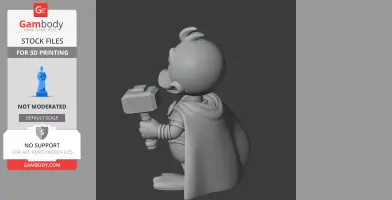 A cartoon duck in a cape holds a hammer, resembling a superhero, intended for 3D printing.