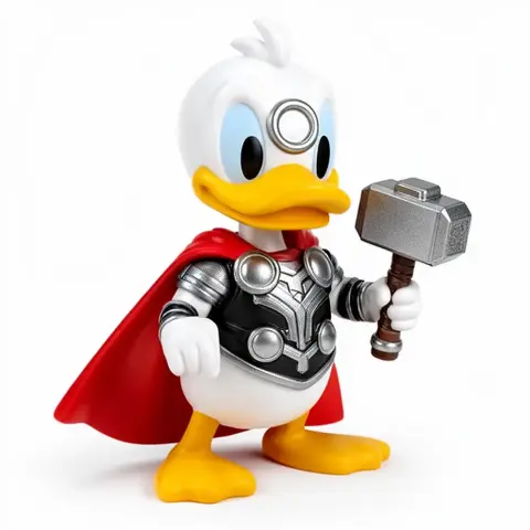 Donald Duck dressed as Thor, with a red cape and hammer, ready for action.