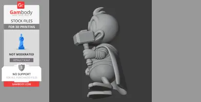 Duck character in Thor cosplay, holding a hammer, wearing a cape, in a 3D model for printing.