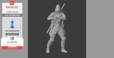 Hooded figure in tactical gear holding a weapon, ready for action, designed for 3D printing.