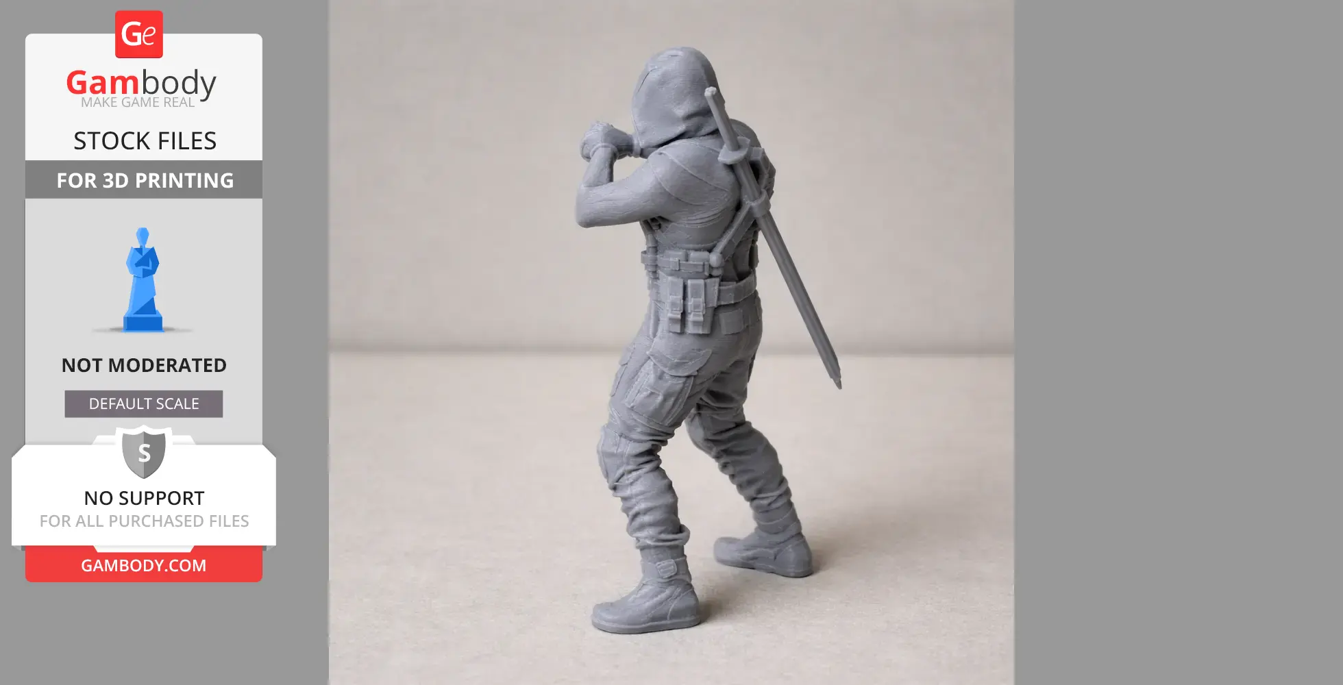 3D printed figurine of a ninja in tactical gear with a sword on back, posed in mid-action.