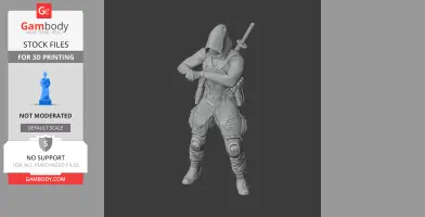 Hooded ninja figurine with crossed arms and sword on back, designed for 3D printing.