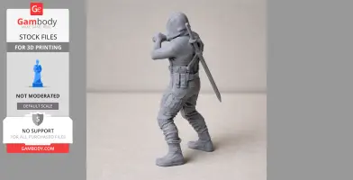 3D printed figurine of a ninja in tactical gear with a sword on back, posed in mid-action.