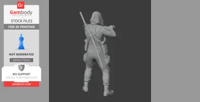 Hooded ninja figurine with a sword on the back, designed for 3D printing in a dynamic pose.
