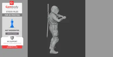 A 3D model of a hooded, armored figure with sword and tactical gear, ready for 3D printing.
