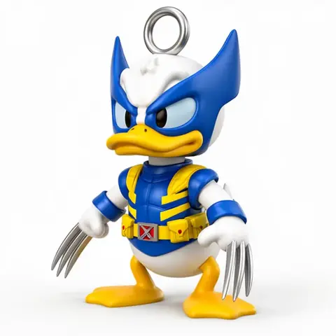 Mashup figure of a duck with Wolverine-style suit, claws, and helmet, featuring a ring on top.
