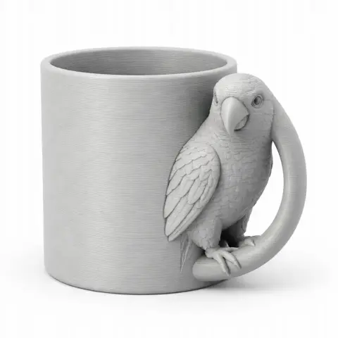 A 3D printed mug featuring a parrot-shaped handle.