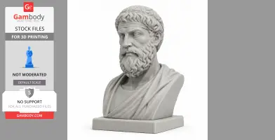 Bust of a bearded man with a detailed robe and curly hair, set on a square base for 3D printing.
