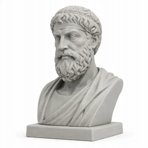Bust of a bearded man in ancient Greek attire, with detailed drapery and curly hair.