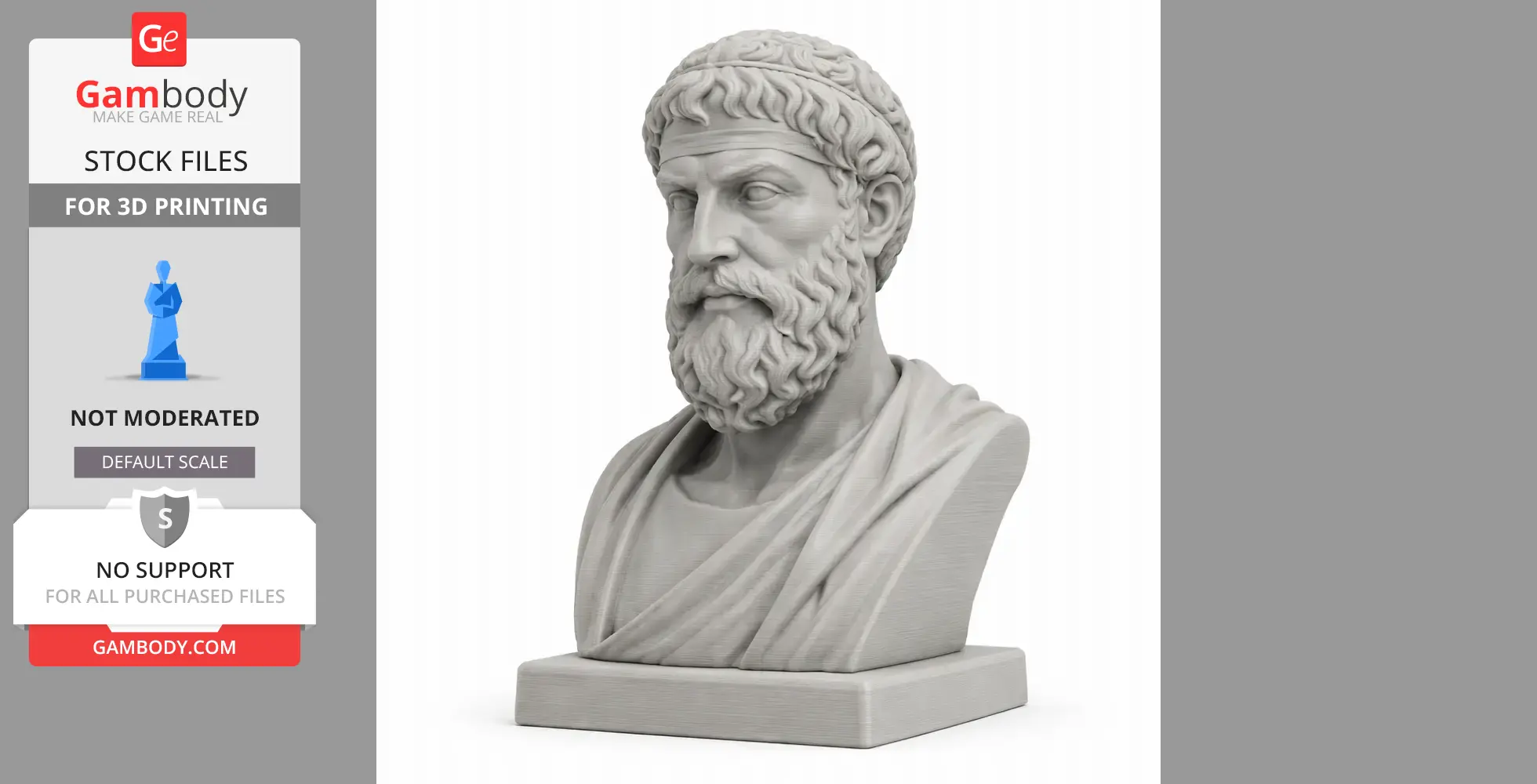 Bust of a bearded man with a detailed robe and curly hair, set on a square base for 3D printing.