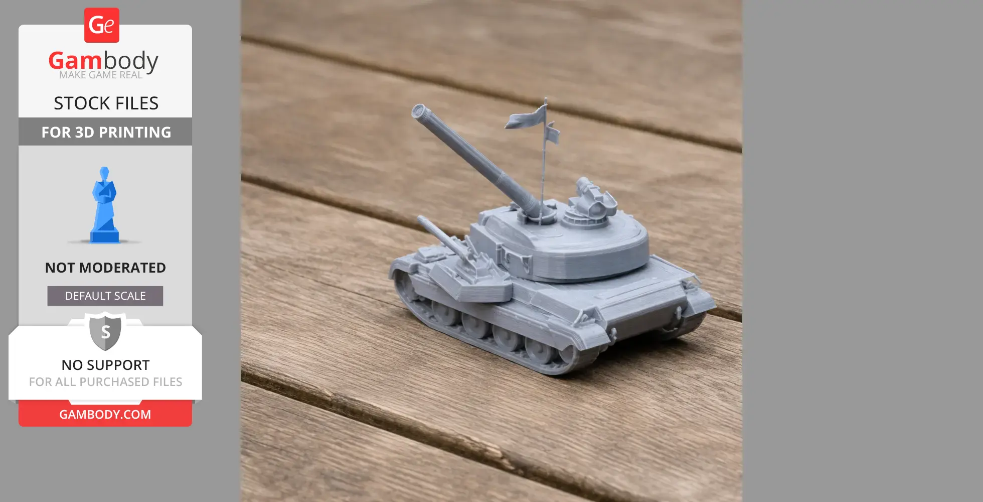 3D printed model of an AMX-30E tank with detailed turret and barrel on a wooden surface.