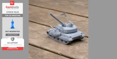 3D printed model of an AMX-30E tank with detailed turret and barrel on a wooden surface.