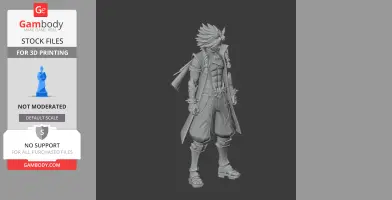 3D model of a muscular character with spiky hair and detailed attire, designed for 3D printing.