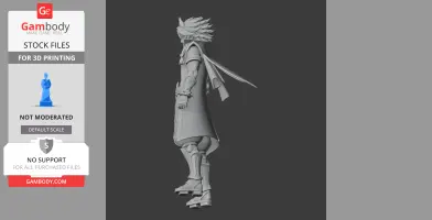 3D model of a character with spiky hair, armor, and flowing attire, viewed from the side.