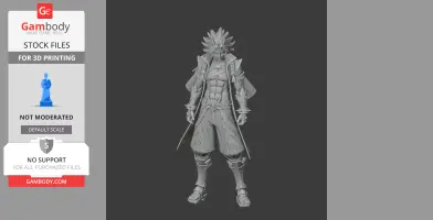 3D model of a muscled character with spiky hair, wearing detailed armor and clothing for 3D printing.