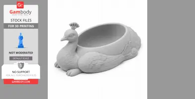 A peacock-shaped bowl designed for 3D printing, featuring detailed feathers and a rounded basin.